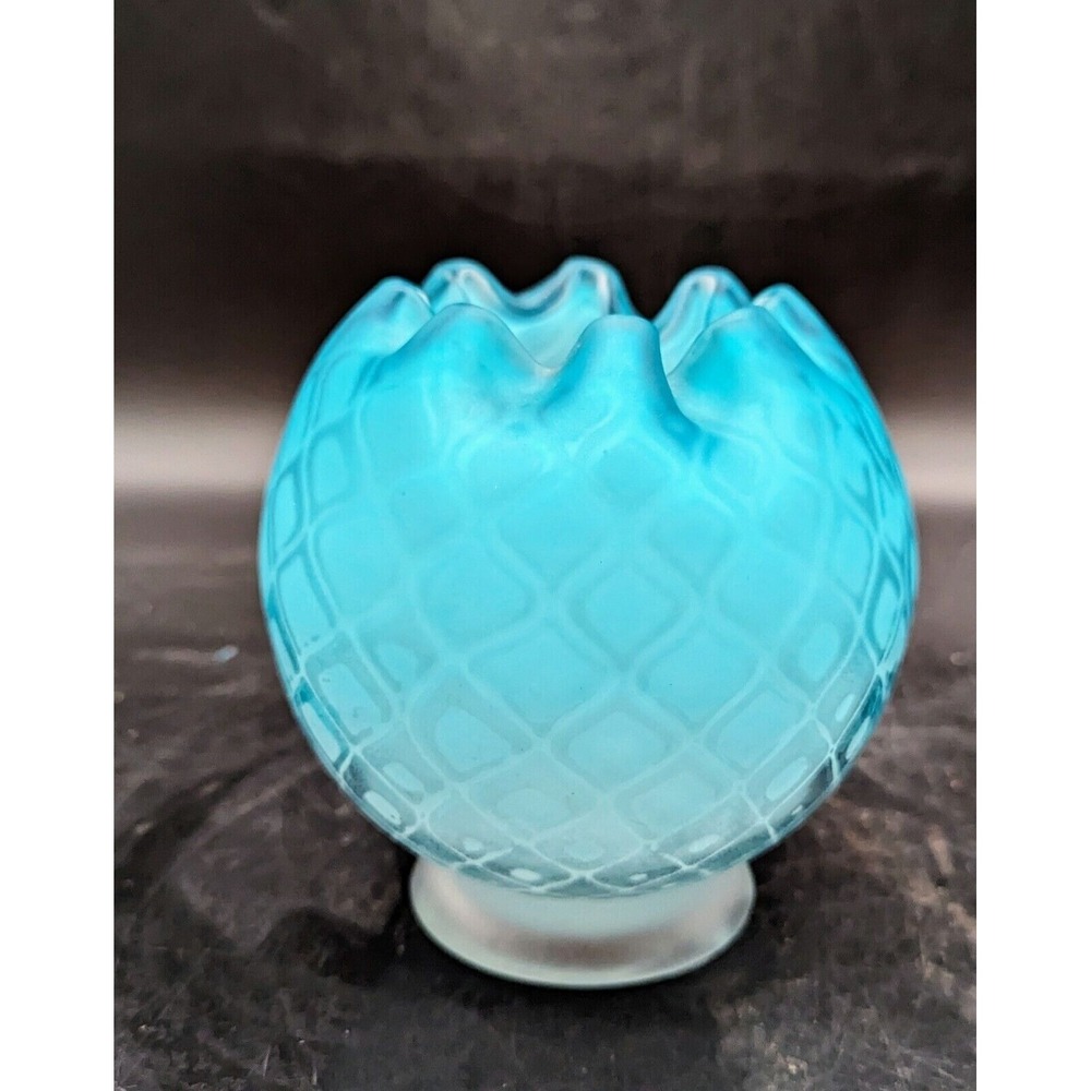 Antique Thomas Webb Cased Blue Satin Glass Rose Bowl Vase Diamond Quilt Pattern